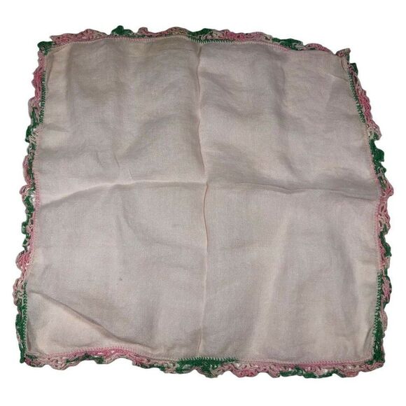 Vintage Handkerchief Hanky With Ombre Pink Green Crochet Border Pocket Scarf - Picture 3 of 5